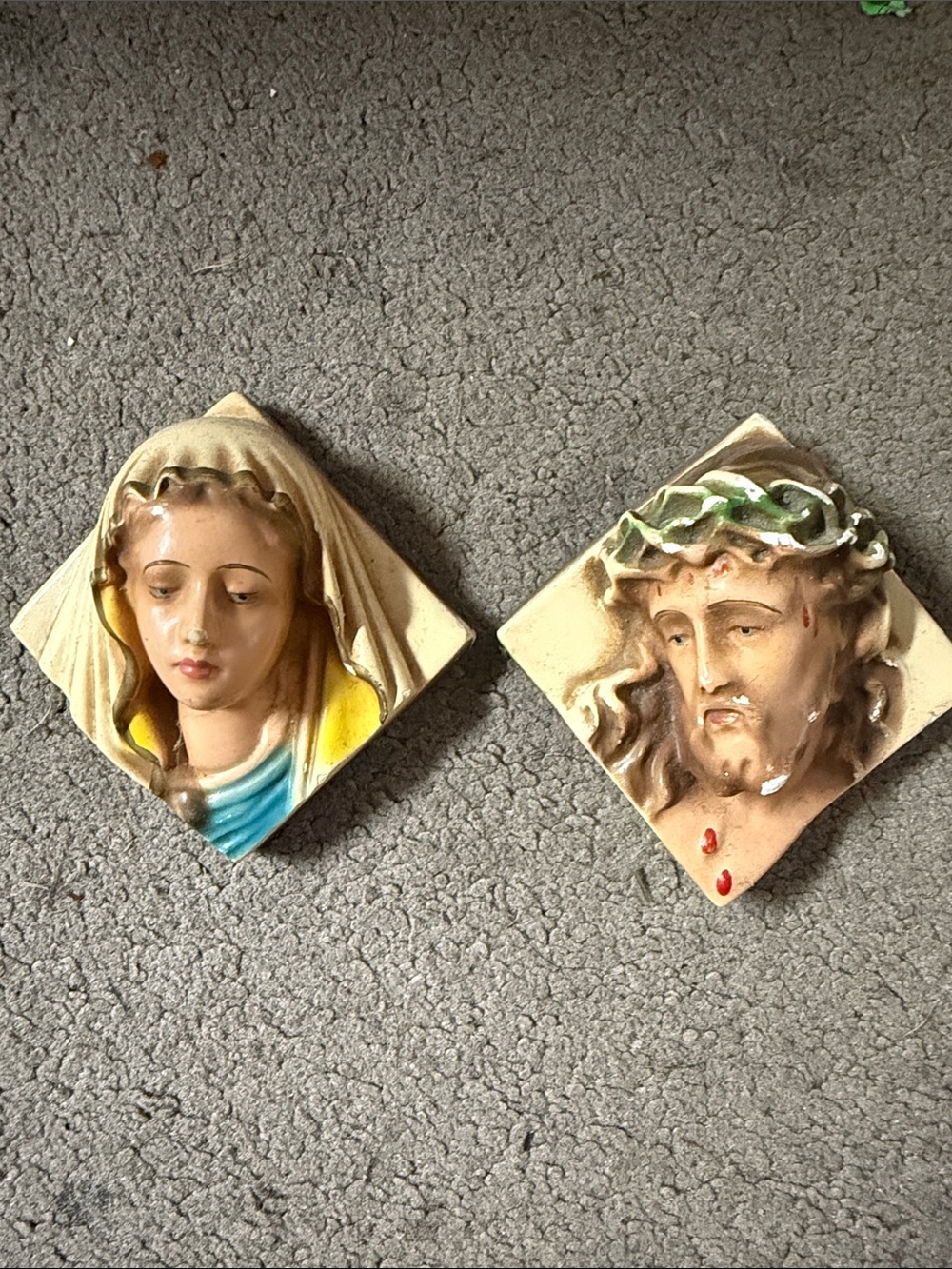 Small Diamond Shape Chalkware Jesus & Mary Plaques